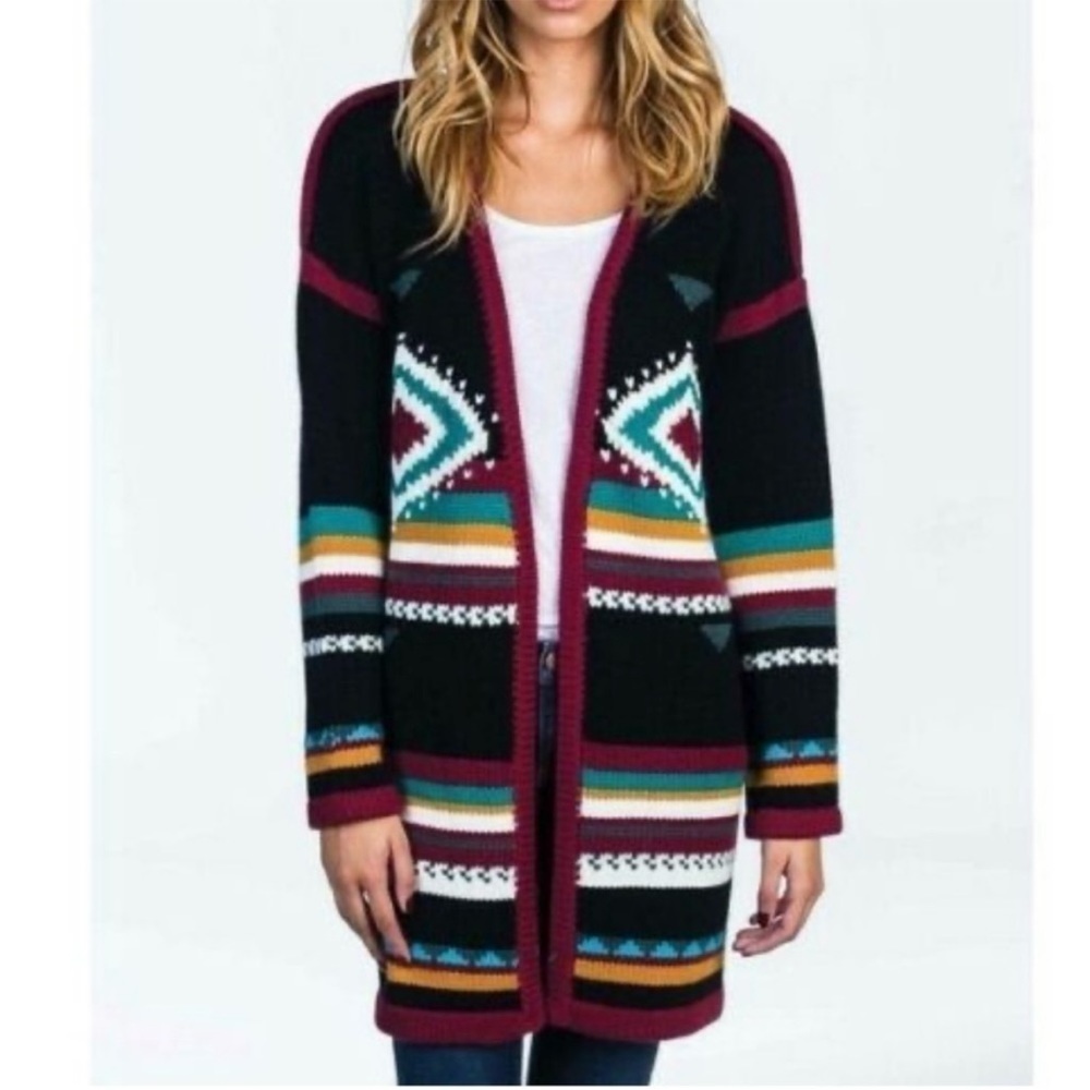 Billabong Black Multicolor Aztec Open-Front Cardigan